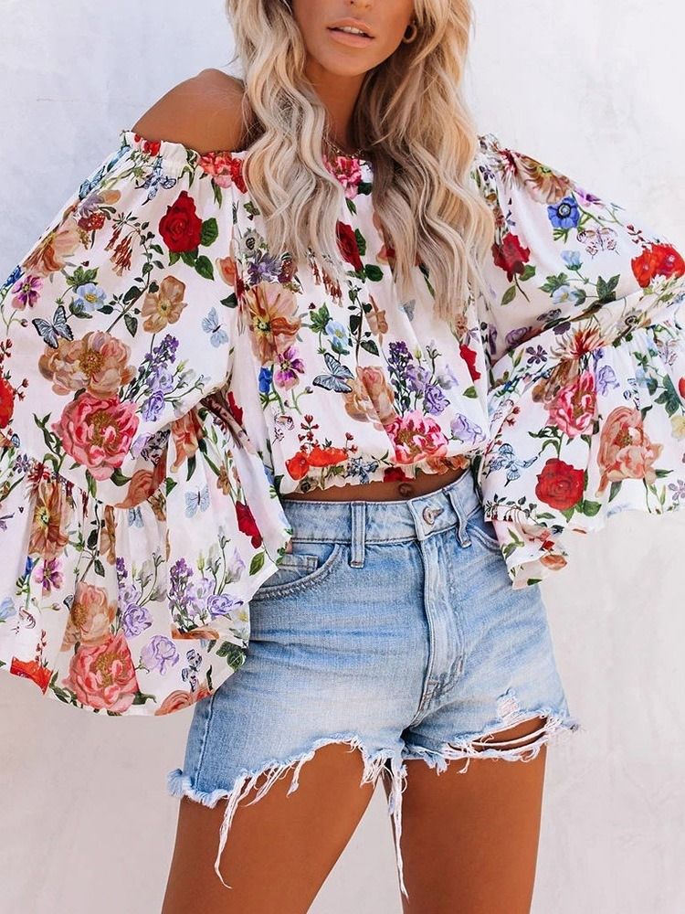 Off Shoulder Floral Print Standard Langermet Bluse For Kvinner