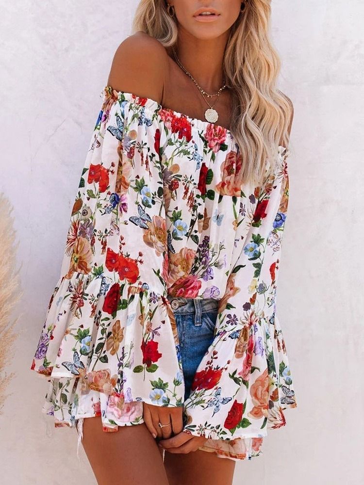 Off Shoulder Floral Print Standard Langermet Bluse For Kvinner