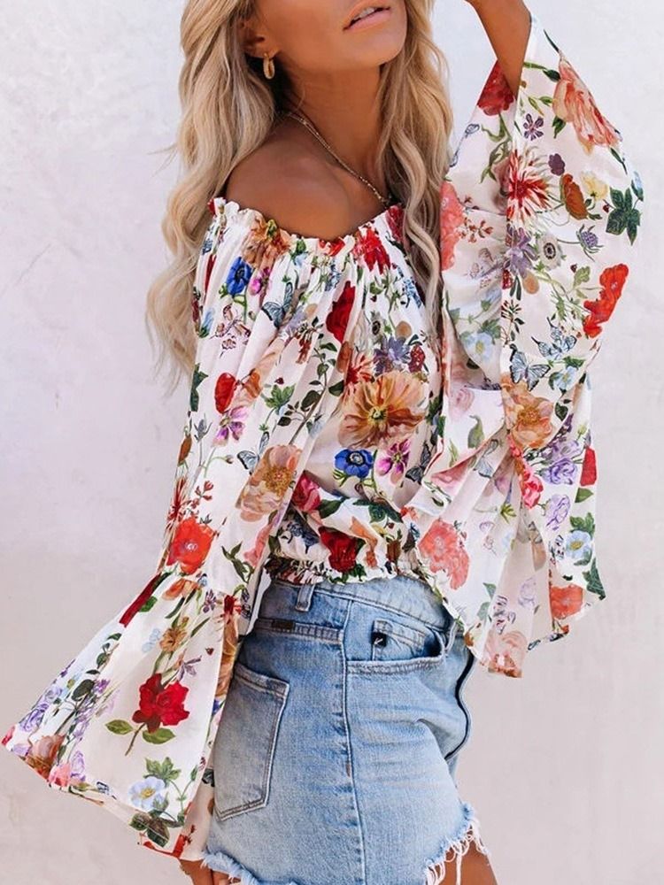 Off Shoulder Floral Print Standard Langermet Bluse For Kvinner