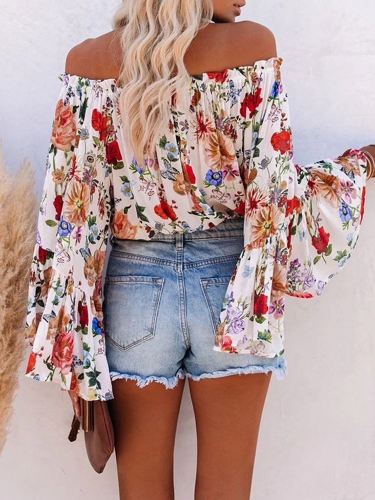 Off Shoulder Floral Print Standard Langermet Bluse For Kvinner