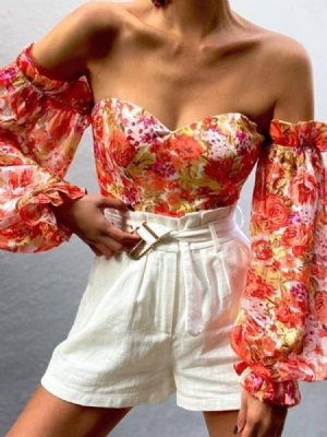 Off Shoulder Lantern Sleeve Floral Long Sleeve Dame Short Bluse