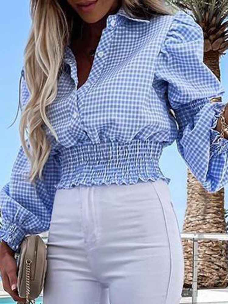 Plaid Lapel Print Langermet Standardbluse For Kvinner