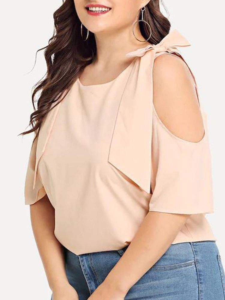 Plain Hollow Round Neck Standard Bluse For Kvinner