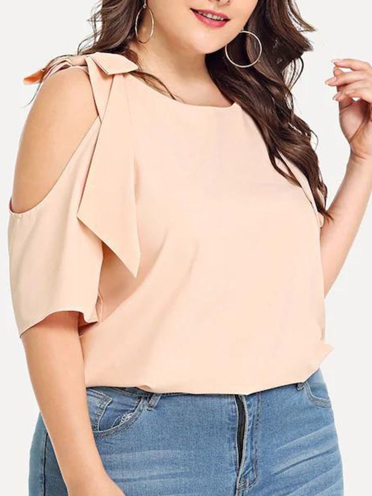 Plain Hollow Round Neck Standard Bluse For Kvinner