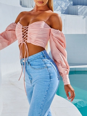 Plain Lace-up Off Shoulder Langermet Kort Damerbluse