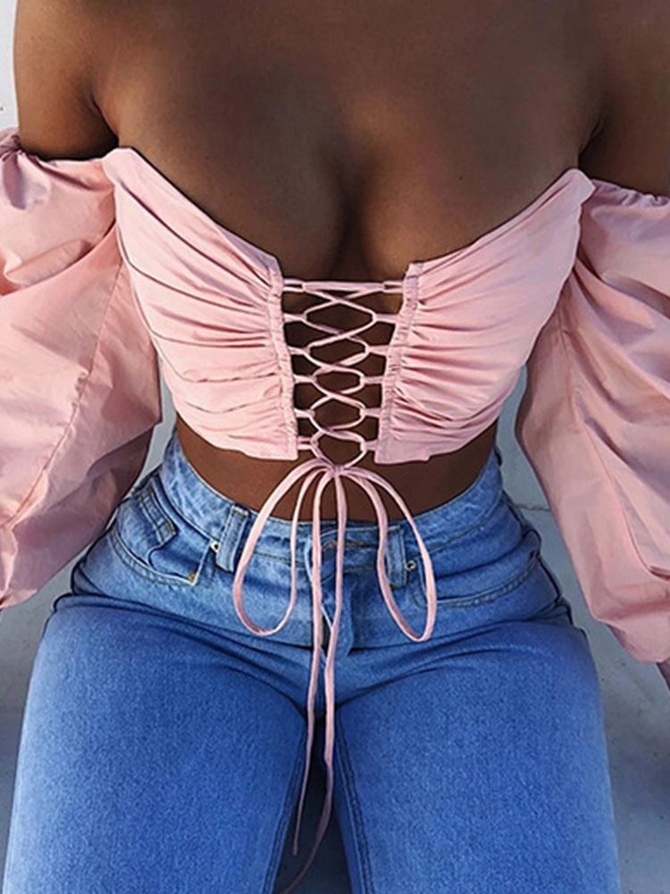 Plain Lace-up Off Shoulder Langermet Kort Damerbluse