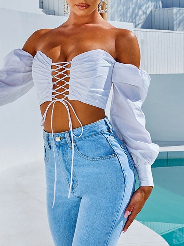 Plain Lace-up Off Shoulder Langermet Kort Damerbluse