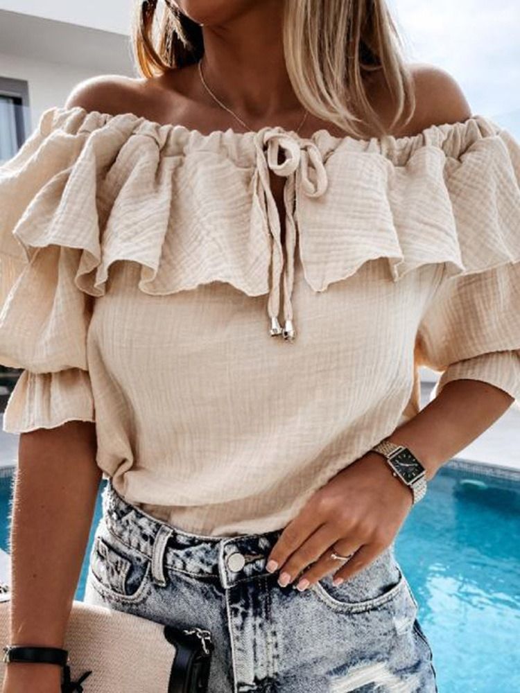 Plain Off Shoulder Patchwork Standard Bluse Med Halv Erme