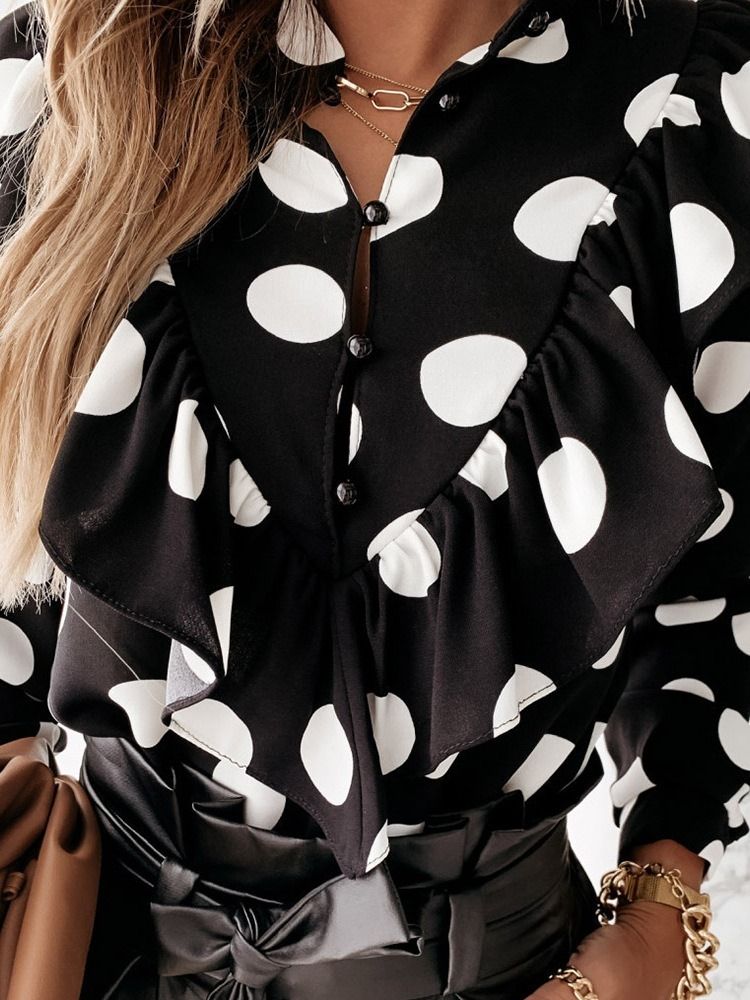 Polka Dots Falbala Standardbluse For Kvinner Med Lange Ermer