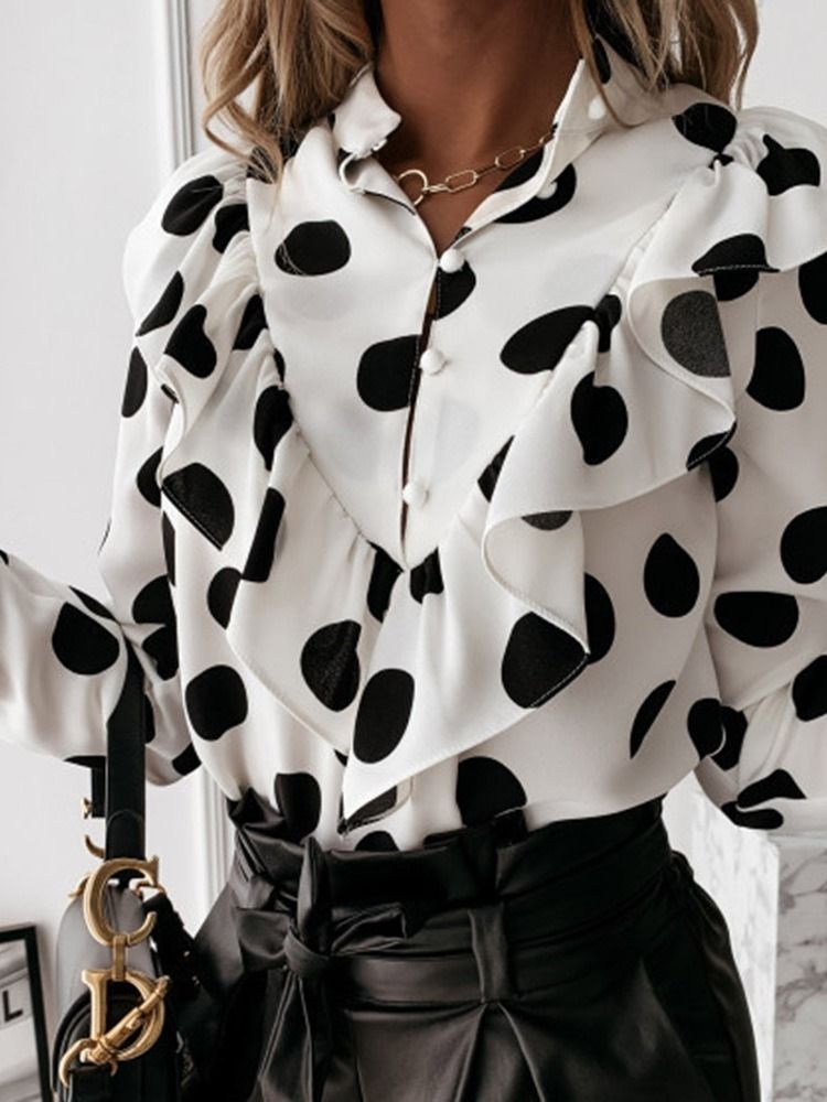 Polka Dots Falbala Standardbluse For Kvinner Med Lange Ermer