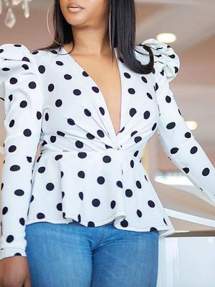 Polka Dots Print V-neck Dame Long Sleeve Standard Bluse