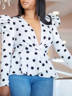 Polka Dots Print V-neck Dame Long Sleeve Standard Bluse