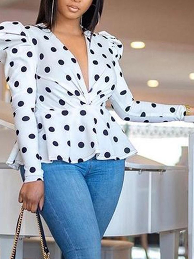 Polka Dots Print V-neck Dame Long Sleeve Standard Bluse