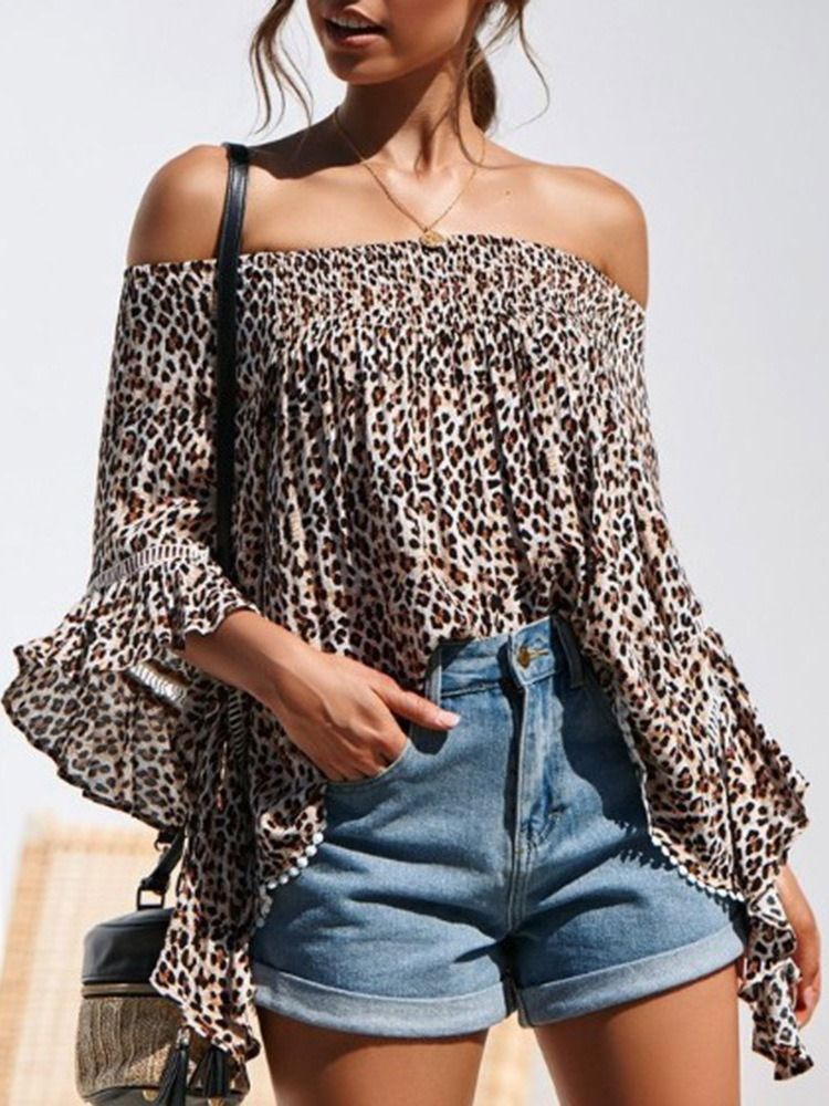 Print Leopard Off Shoulder Standard Kvartalsbluse Med Tre Kvartaler