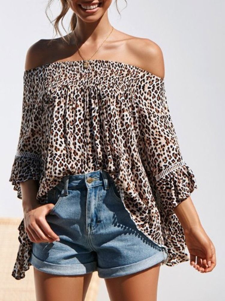 Print Leopard Off Shoulder Standard Kvartalsbluse Med Tre Kvartaler