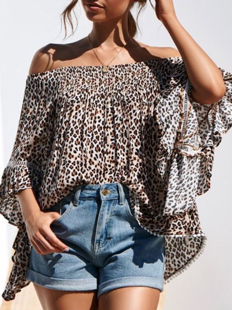 Print Leopard Off Shoulder Standard Kvartalsbluse Med Tre Kvartaler