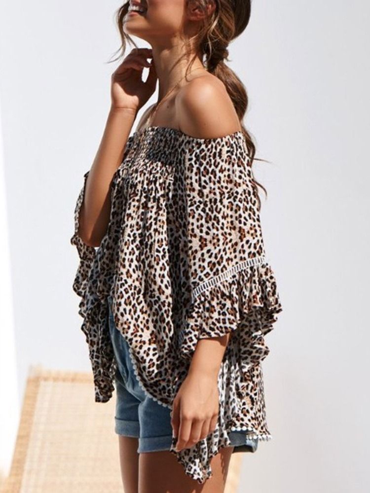 Print Leopard Off Shoulder Standard Kvartalsbluse Med Tre Kvartaler