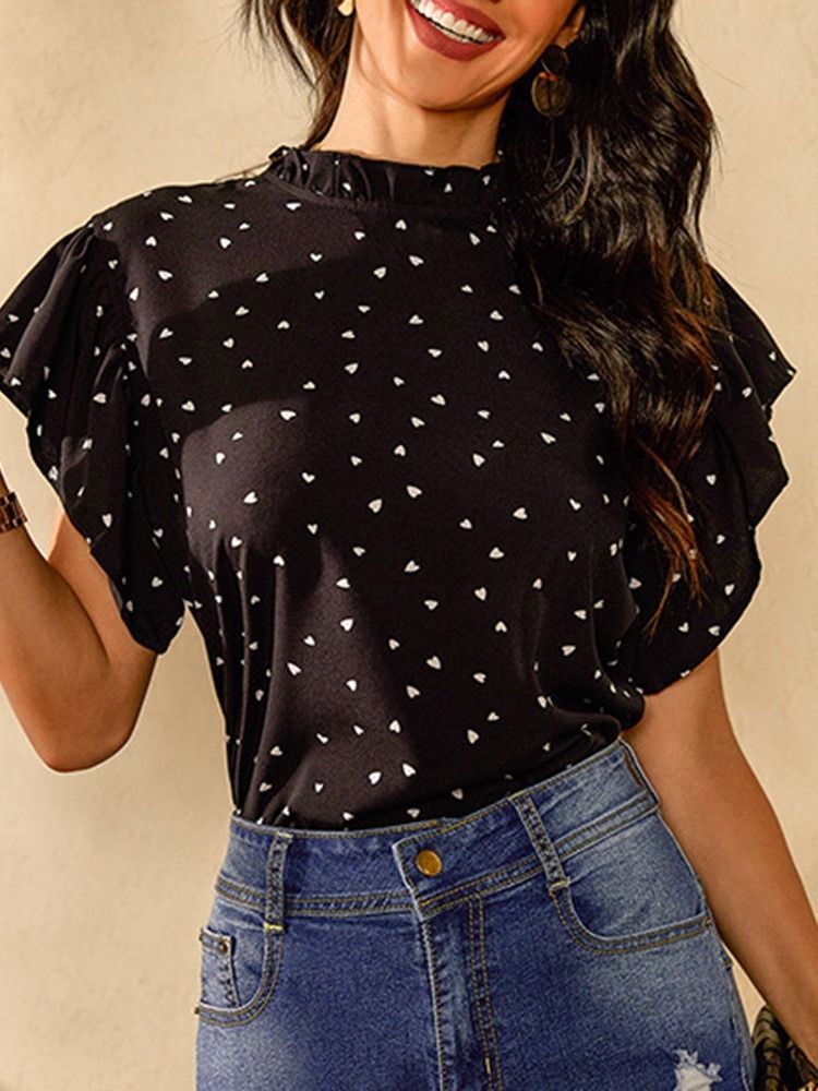 Print Polka Dots Ruffle Sleeve Standard Kortermet Damerbluse