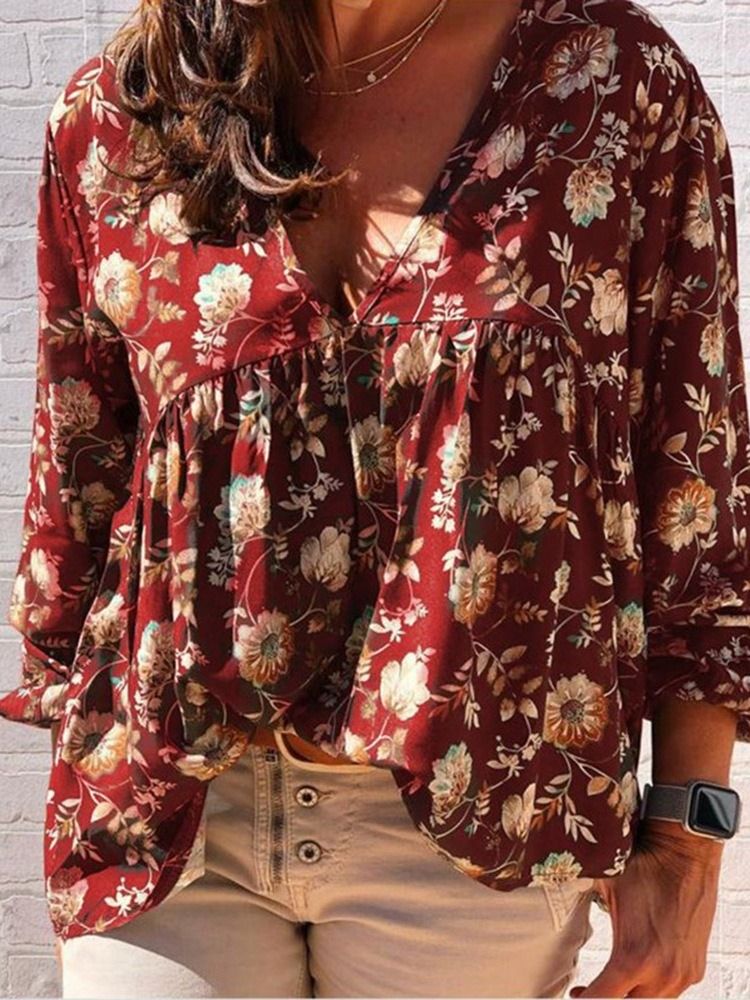 Print V-neck Floral Standard Langermet Damerbluse