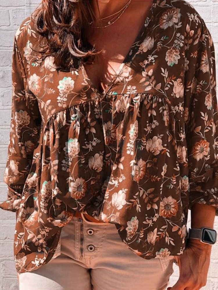 Print V-neck Floral Standard Langermet Damerbluse