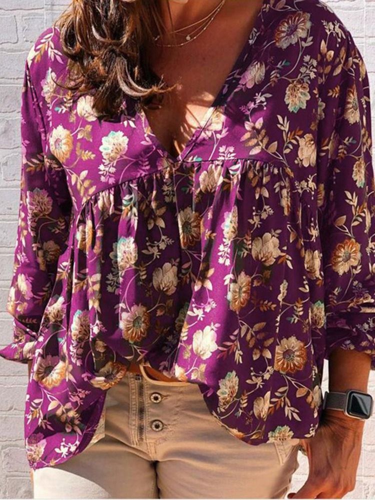 Print V-neck Floral Standard Langermet Damerbluse