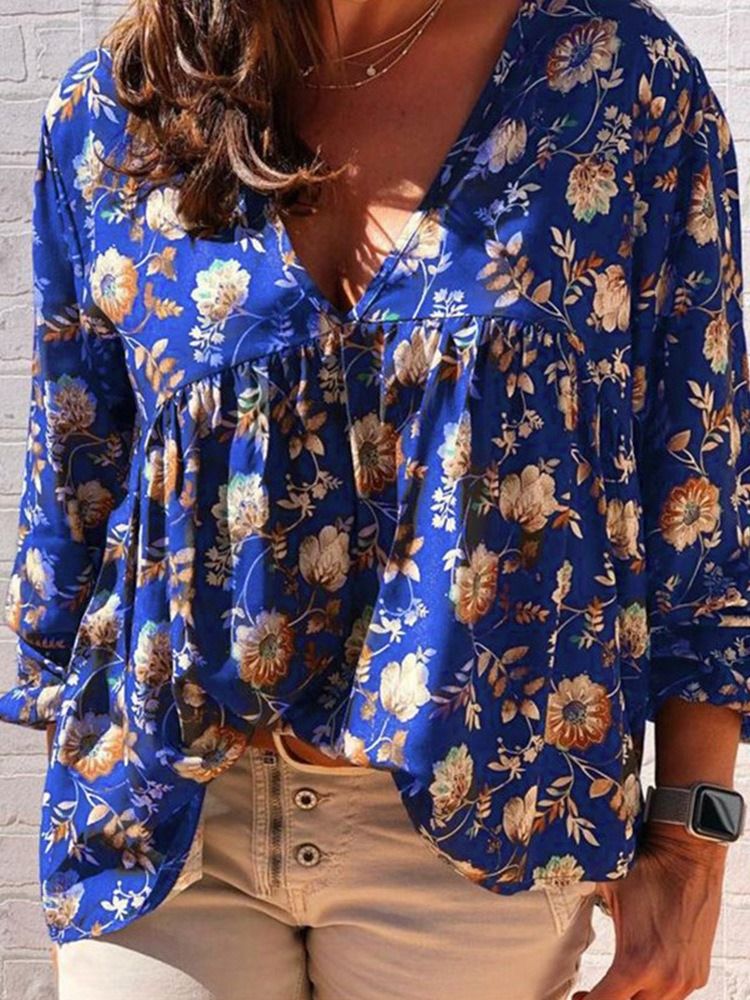 Print V-neck Floral Standard Langermet Damerbluse