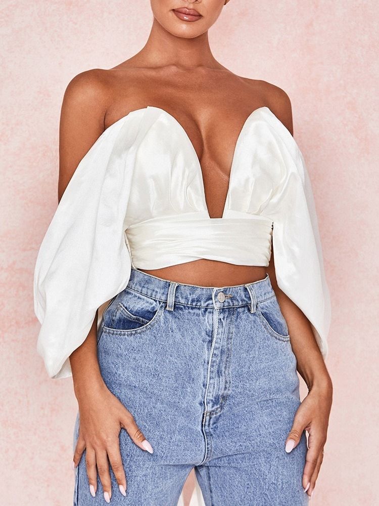 Ryggløse Off Shoulder Plain Short Kvartalsbluse Med Tre Kvartaler