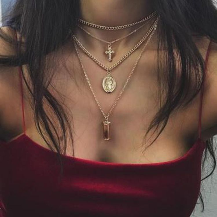 Flerlags Golden Cross Charm Layered Necklace For Women