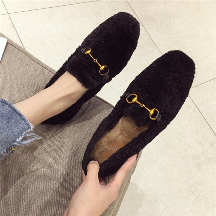 Faux Fur Block Heel Round Toe Slip-on Dame Flats