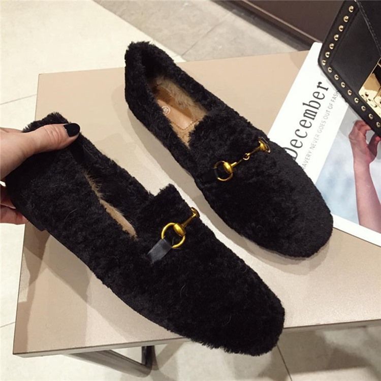 Faux Fur Block Heel Round Toe Slip-on Dame Flats