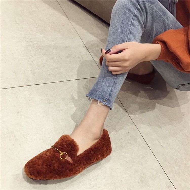 Faux Fur Block Heel Round Toe Slip-on Dame Flats