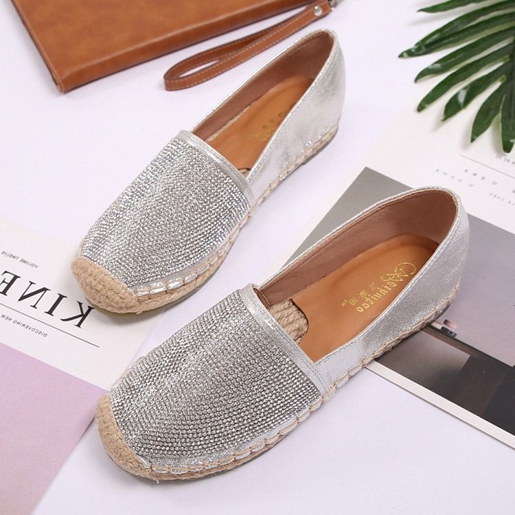 Rhinestone Block Heel Slip-on Round Toe Dame Flats