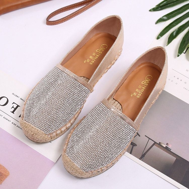 Rhinestone Block Heel Slip-on Round Toe Dame Flats