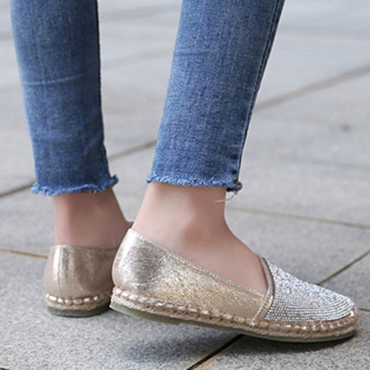 Rhinestone Block Heel Slip-on Round Toe Dame Flats