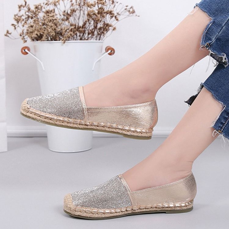 Rhinestone Block Heel Slip-on Round Toe Dame Flats