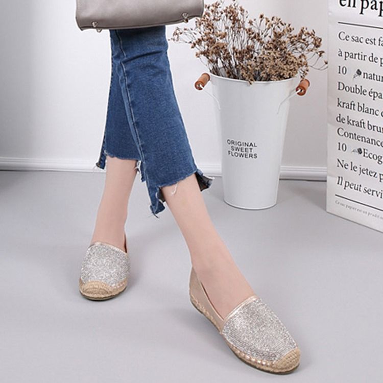 Rhinestone Block Heel Slip-on Round Toe Dame Flats