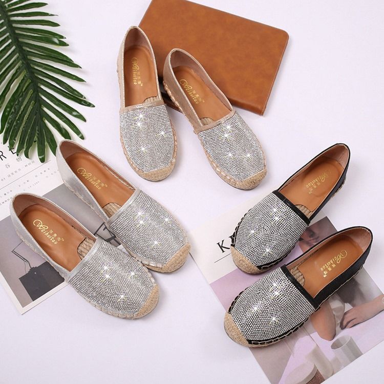 Rhinestone Block Heel Slip-on Round Toe Dame Flats