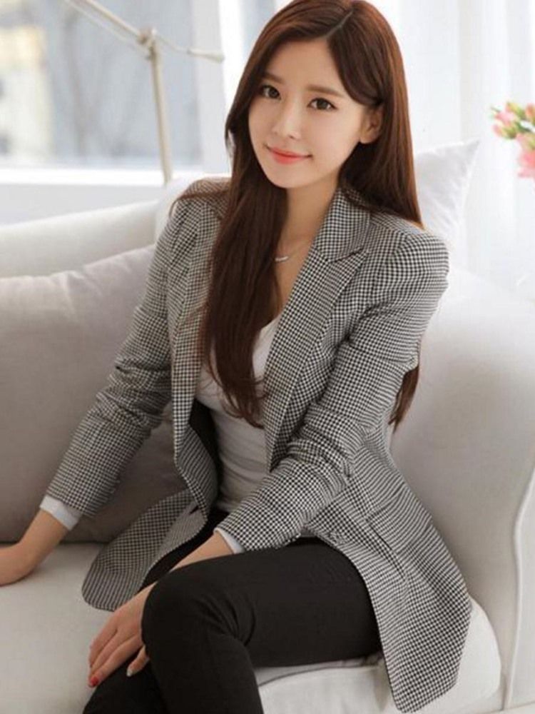 Houndstooth Blazer Womens Slim Houndstooth One Button Dame Blazer