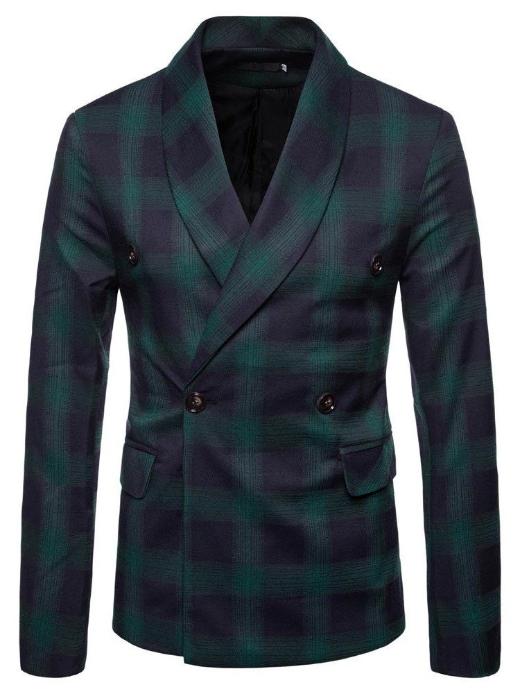 Plaid Double Breasted Button Mens Casual Blazer