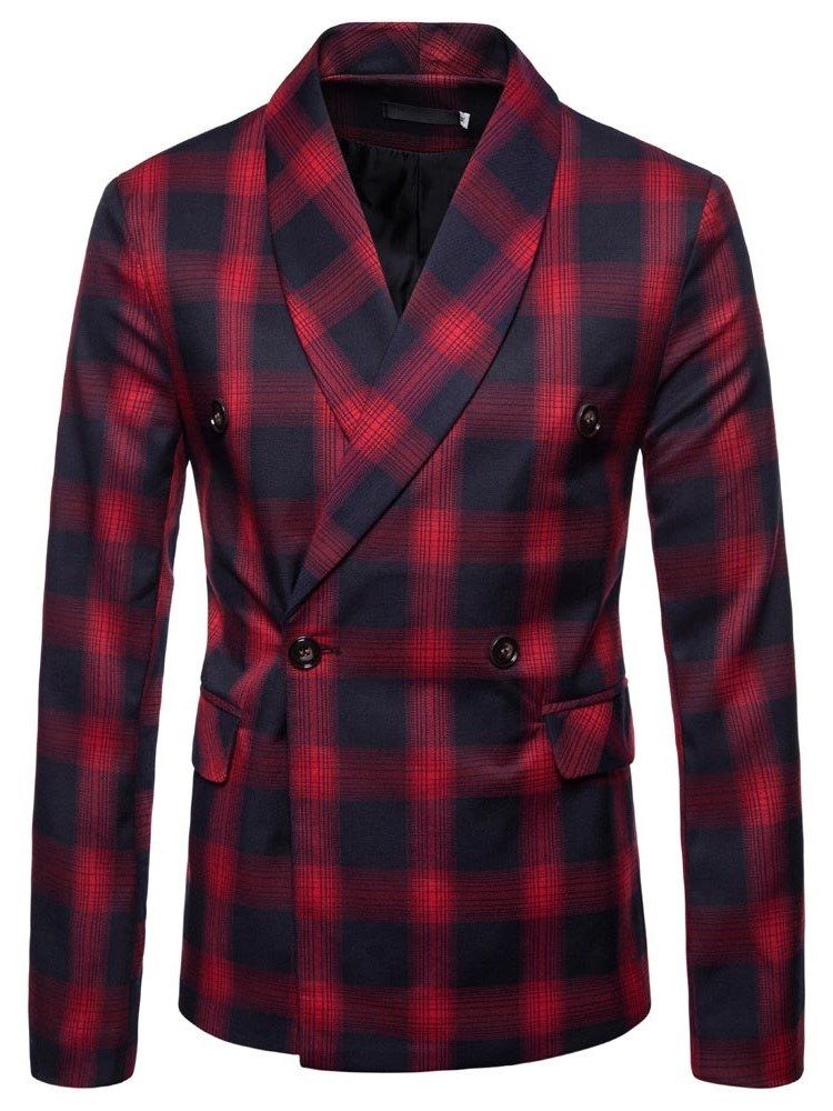 Plaid Double Breasted Button Mens Casual Blazer