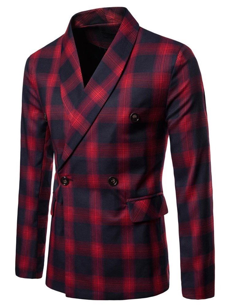 Plaid Double Breasted Button Mens Casual Blazer