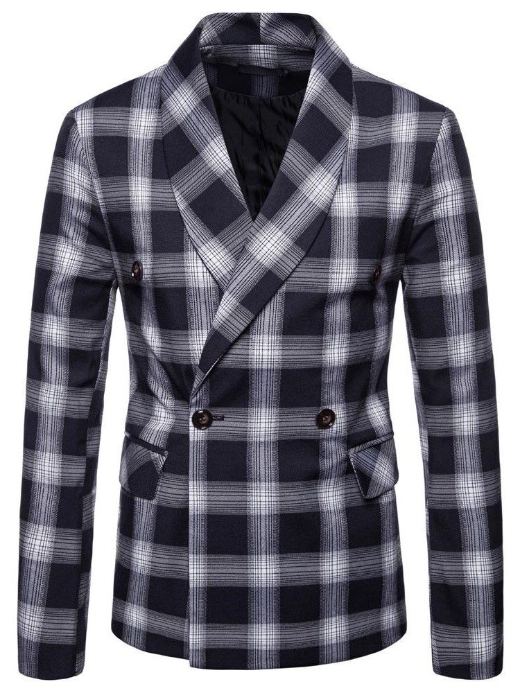 Plaid Double Breasted Button Mens Casual Blazer