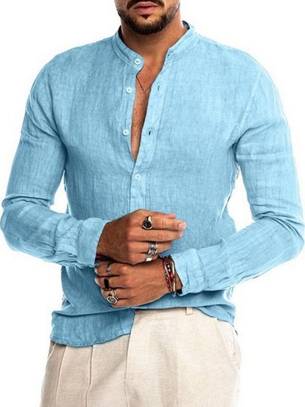 Button Casual Plain Single-breasted Herre Shirt