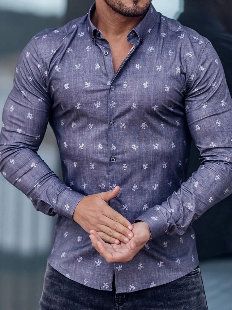 Casual Lapel Button Print Slim Slim Shirt For Menn