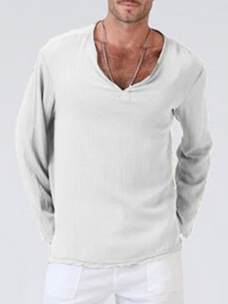 Casual Plain V-neck Løs T-skjorte For Menn