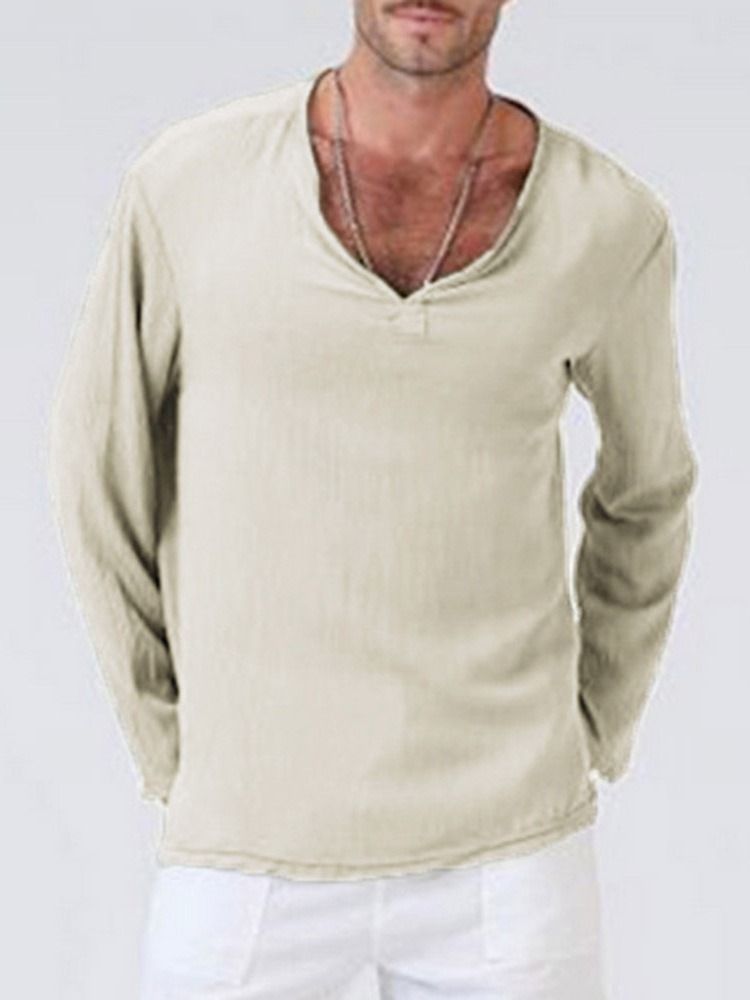 Casual Plain V-neck Løs T-skjorte For Menn