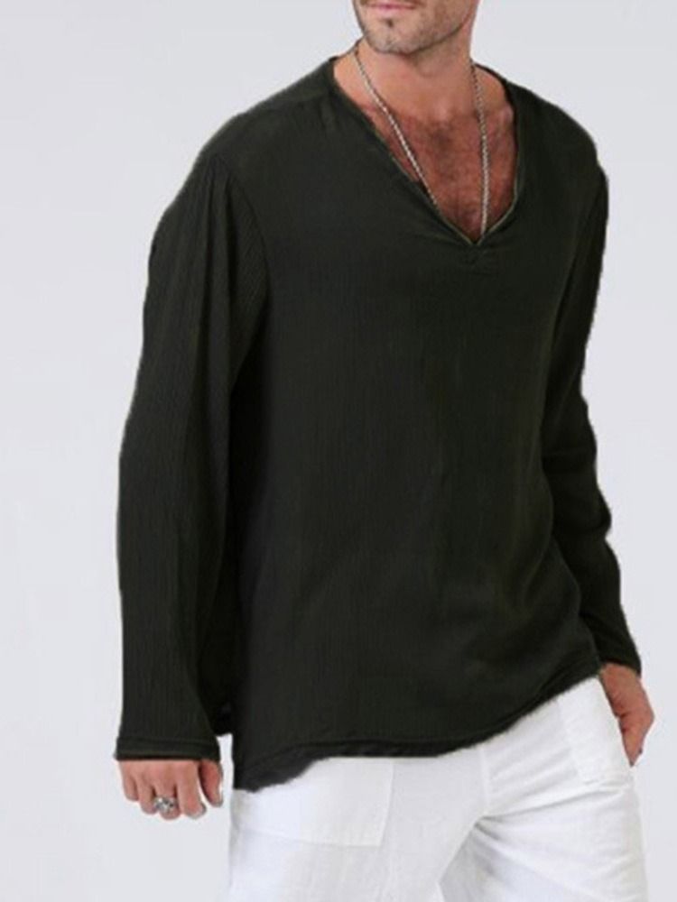 Casual Plain V-neck Løs T-skjorte For Menn