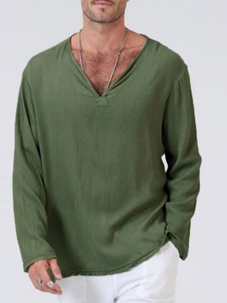 Casual Plain V-neck Løs T-skjorte For Menn