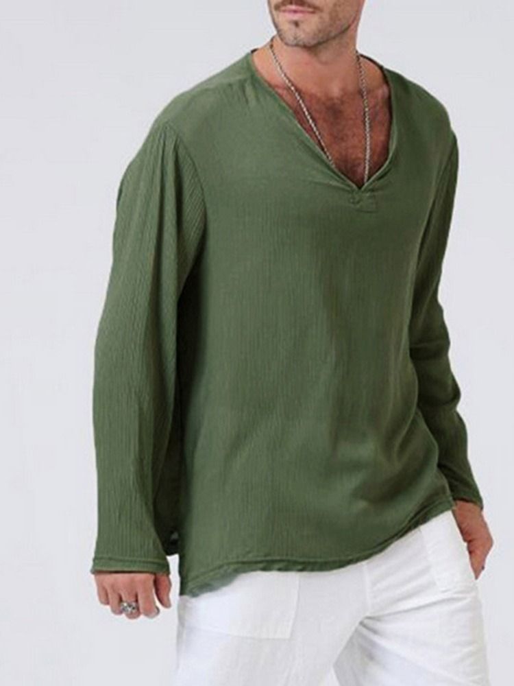 Casual Plain V-neck Løs T-skjorte For Menn