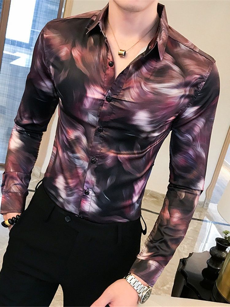 Casual Print Revers Single-breasted Herre Shirt